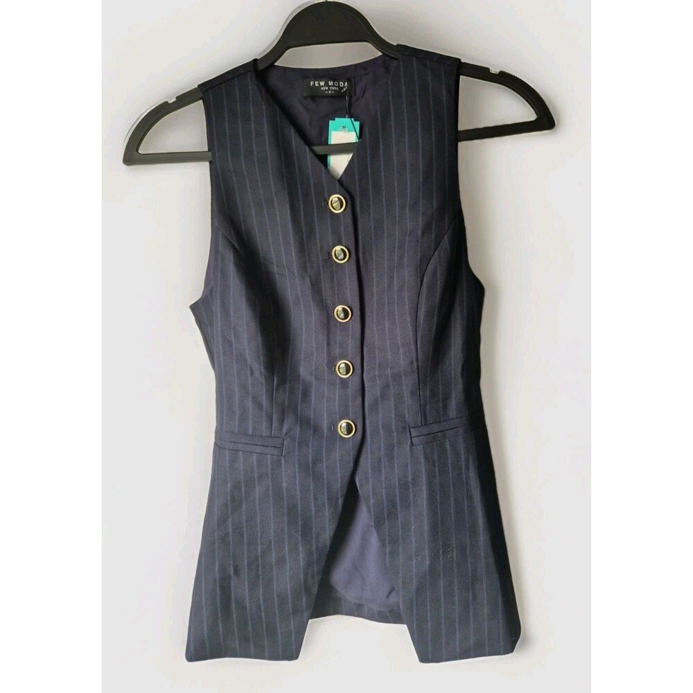 NWT - Few Moda Women's Navy Pinstripe Suit Vest Size 2 Lined Tailored Belted